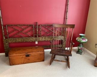 Bamboo style King size headboard, antique chest, rocking chair, hand painted lamp