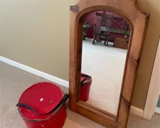 vintage wood mirror, vintage red hat box 