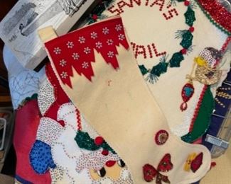Vintage handmade beaded Christmas decor (stockings, wall hangings, banners and ornaments)