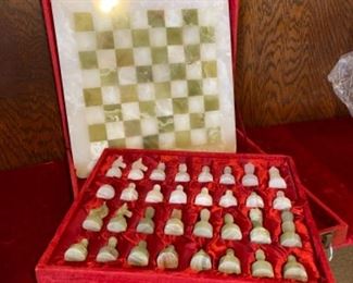 Green and White Onyx Chess Set in custom case