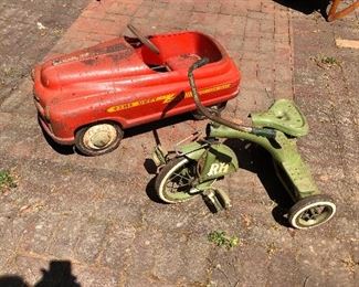 Pedal car and vintage tricycle