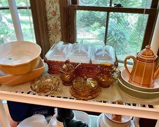 Milk glass fridge dishes (set of 3) with basket, amber glass