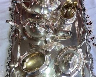 Vintage sterling tea service (probably American) on a Mexican sterling tray 