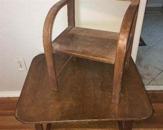 Child's antique oak table and chair