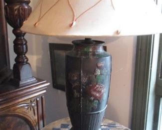 CHINESE ENAMEL LAMP WITH CUSTOM SHADE