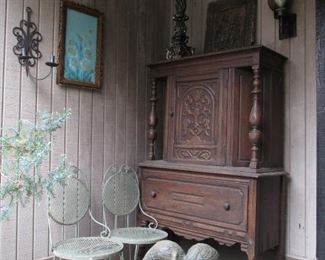 BRONZE SCULPTURE, CHAIRS AND CABINET
