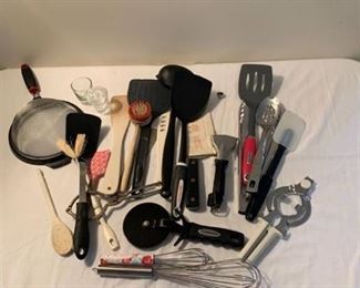 Assorted utensils and a strainer
