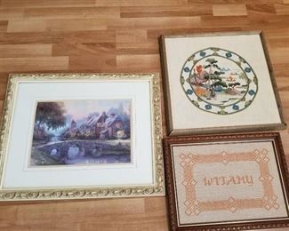 Framed picture (18 1/2 x 22 1/2) and 2 framed needlework