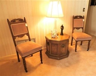 ANTIQUE CHAIRS,  ONE OF SEVERAL WATERFORD LAMPS, TABLE WITH STORAGE