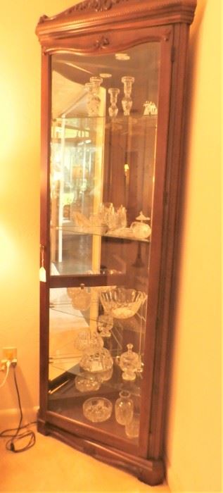 CORNER CABINET CURIO, BRIGHT CUT GLASS COLLECTION - SOME WATERFORD PIECES