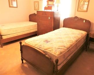 ANTIQUE TWIN BEDS, MATCHING BOW FRONT DRESSER, NIGHT STAND, CHEST OF DRAWERS, BEDDING SOLD SEPARATELY - WILL SEPARATE