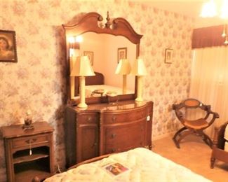ANTIQUE BEDROOM PIECES, BOW FRONT DRESSER WITH MIRROR, SAVANNA CHAIR, WILL SEPARATE