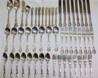 Gorham Chantilly Sterling Silver Flatware Set 52 piece set. Includes 8 dinner forks, 8 salad forks, 8 dinner knives, 8 luncheon knives, 8 teaspoons, 8 bouillon spoons, 1 sugar shell spoon, 1 master butter knife, and 2 service spoons. 47.30 ozt total, excluding dinner knives (stainless blades).