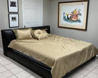 Black thick Leather bed frame w/sprung splat frame and Tempurpedic king mattress.          $1,500
