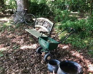 Go outside, tons of items! Cast iron pots, bench, bike