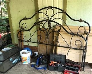 Metal King head and foot boards, fish tank, tool boxes 