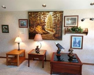 Living Room:  2 Coffee Tables, Paintings, Knives in Small Table, Costume Jewelry in Large Table (No Gold), 