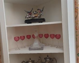 Sterling silver coffee set, cranberry glasses