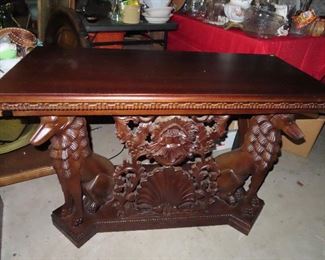 Hand-carved Mahogany Table - Pair Dogs on end.