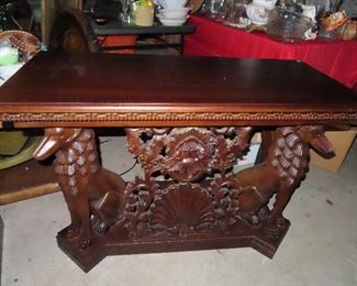 Hand-carved Mahogany Table - Pair Dogs on end. 