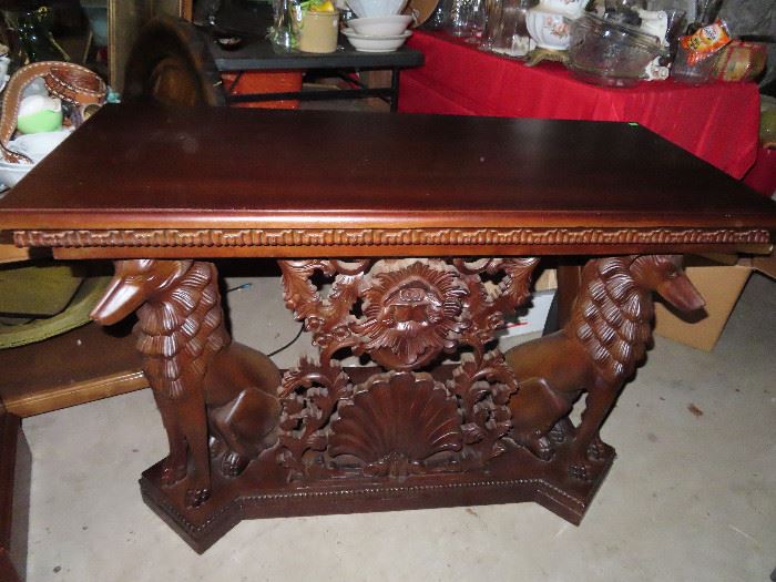 Hand-carved Mahogany Table - Pair Dogs on end. 