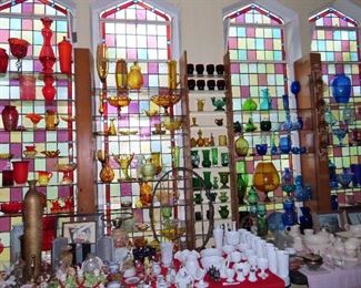 Windows in Front of Our Shop - My parents went to Europe and purchased the stain glass and designed the building around them. Shop opened in 1980.