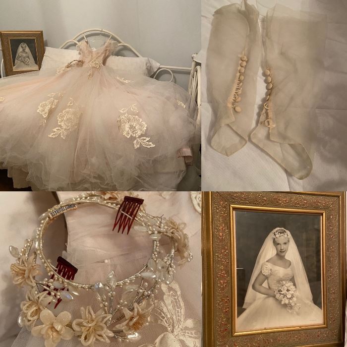 1950’s Vintage Blush Wedding Gown, Veil & Gloves