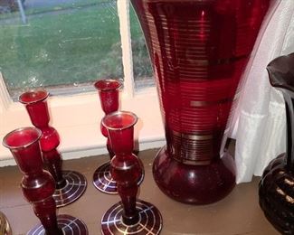 AMAZING ANTIQUE RED GLASS VASE & CANDLESTICK HOLDERS W/ SILVER TRIM DETAILS