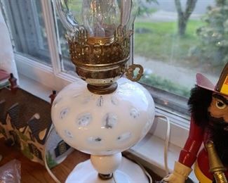 Antique Milk Glass Coin Dot Pattern Oil Lamp