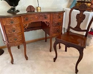 Antique Carved Kidney shape desk and chair