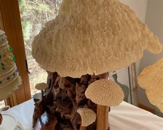 Mid-Century Magic Mushroom Lamp Co  Coral Shade Wood Resin 