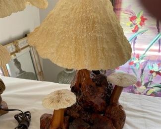 Mid-Century Magic Mushroom Lamp Co  Coral Shade Wood Resin 