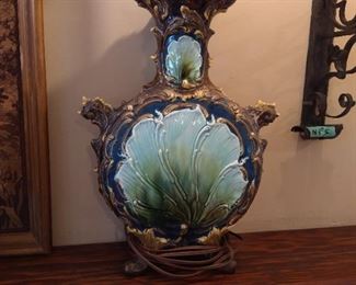 Antique Majolica "Moon Vase" Table Lamp, probably French, 19th century, rare!
