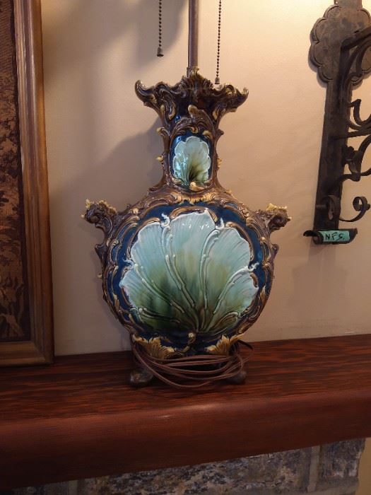 Antique Majolica "Moon Vase" Table Lamp, probably French, 19th century, rare!