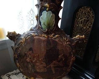 Antique Majolica Moon Vase Table Lamp, Reverse Side, rare Large Size,