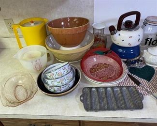 Vintage stoneware bowls and other kitchen items 