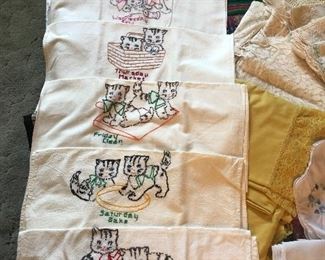 Vintage Kitchen towels embroidered Kittens, days of the week kitchen or tea towels. 