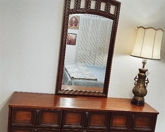 Master Bedroom: Mid Century Modern Italian Style Walnut Long Dresser + Mirror