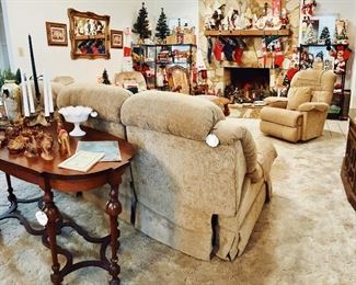 Living Room: 🎶 We Wish You a Merry Christmas (in June) 🎶 Antique-Vintage Christmas Wall Decor, Lights, Stockings, Ceramic Trees, MCM Fiber Optic Angels, MCM Linens, Santa’s, Ceramic Angels, etc. 