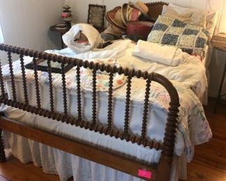 antique bed, quilts
