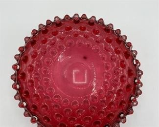 Antique Hobbs Brockunier cranberry red handblown Hobnail glass bowl with ribbon edge: 3X8