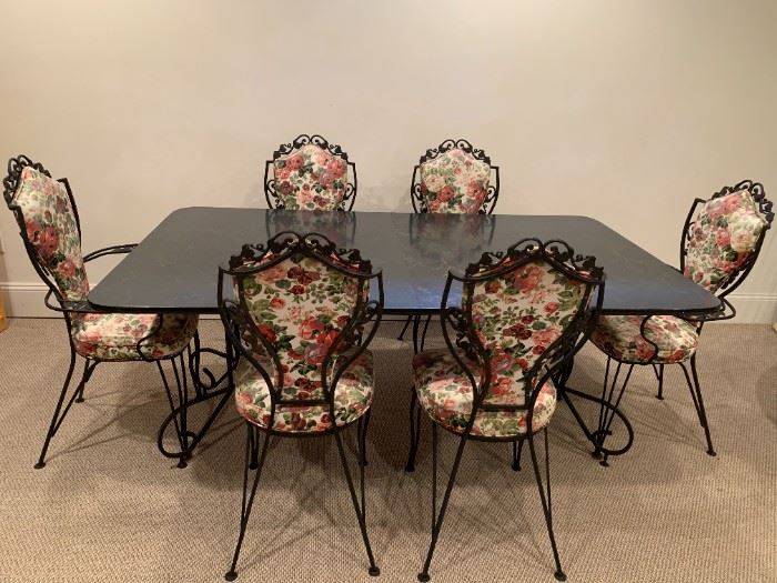 Woodard late 1950's wrought iron dining set with faux marble top and 6 chairs:  Table: 29hx 71x 41.5 Chairs: 40hx 17x 15 