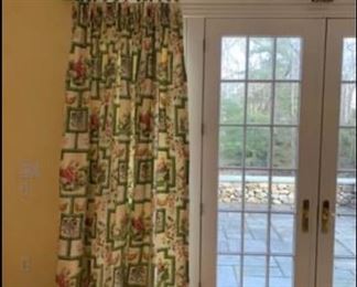 Cowtan & Tout imported French fabric panel drapes. Pastorale scene on cream background. 8'Lx9'W. Fabric is 56% linnen, 44% cotton. Custom made, full lined with cotton fabric and French pinch pleats