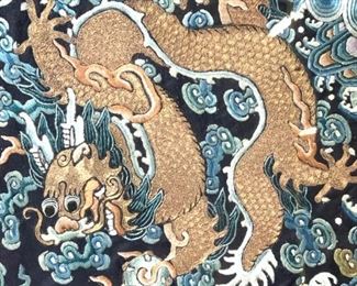 Vintage Framed Asian Fabric Tapestry w Dragon
