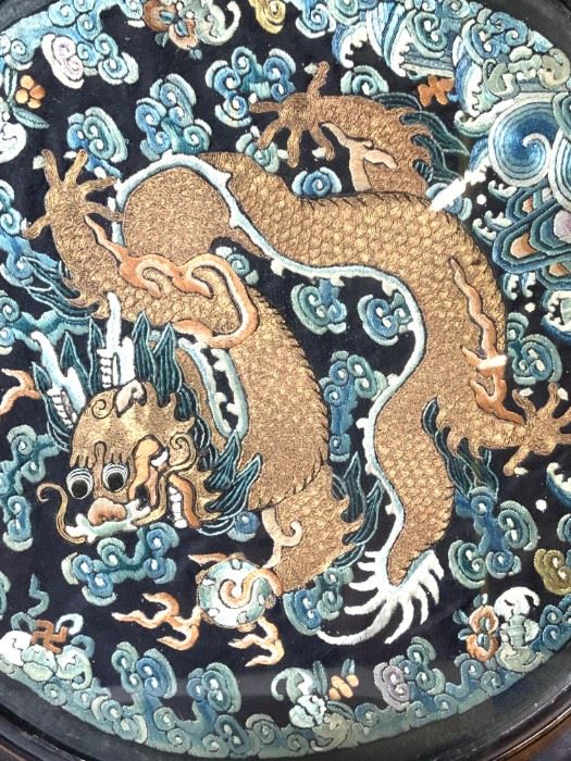 Vintage Framed Asian Fabric Tapestry w Dragon
