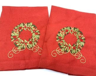 Pair Embroidered Red Linen Holiday Hand Towels
