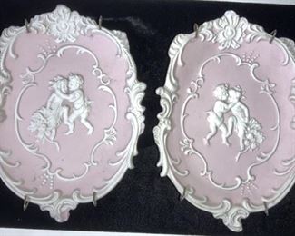 Pink Jasperware Cherub Ceramic Wall Plaques,2
