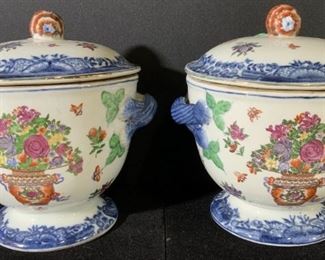 Pair Asian Porcelain Vessels W Lids & Handles
