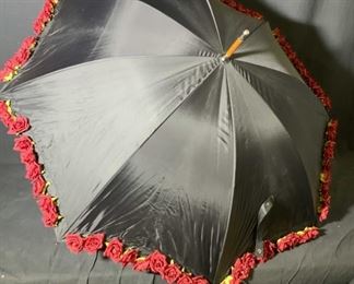 Black Umbrella With Fabric Red Rose Trim
