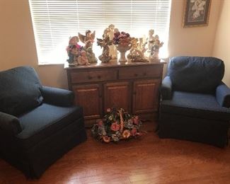 Pair of navy upholstered chairs and sideboard or small dresser